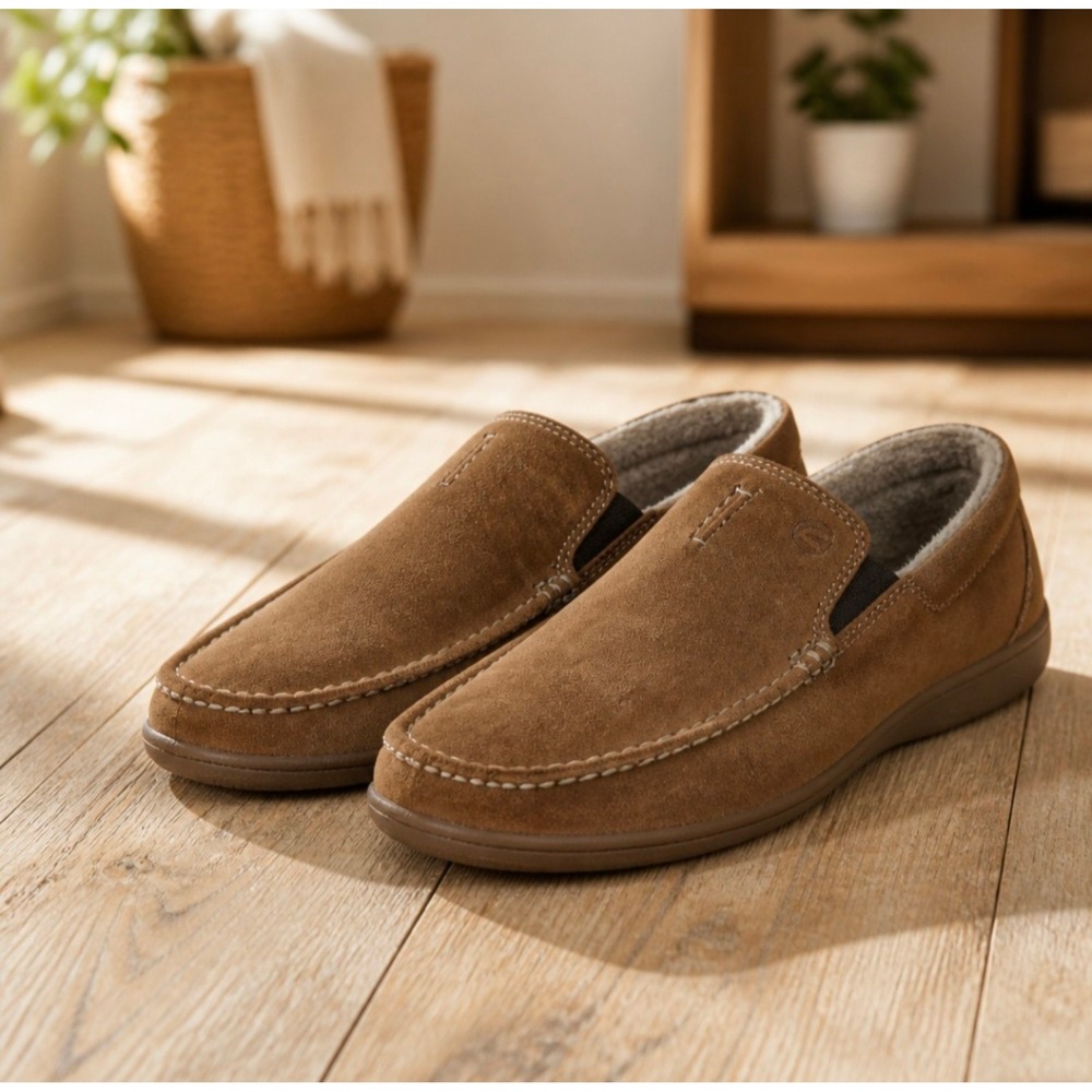 Clarks Mens Brown Suede Slip On Moccasin Loafers Fleece Lined Shoes Size 11